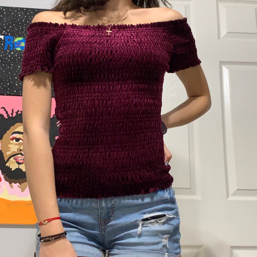 off-the-shoulder velvet top